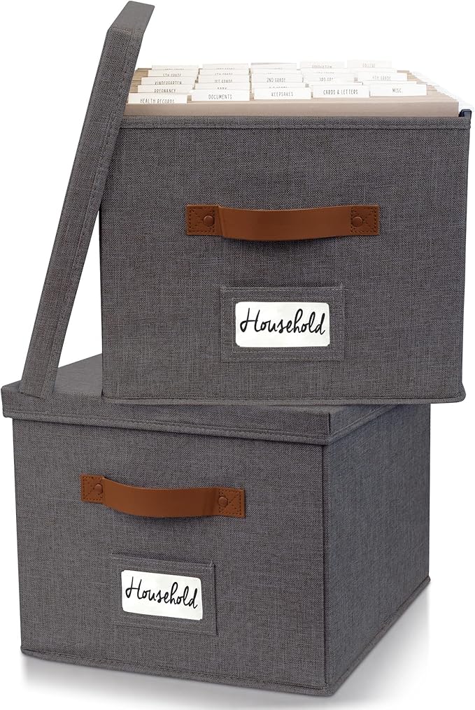 ZICOTO Decorative File Organizer Box Set of 2 - Collapsible Linen Filing Cabinets w/Handles Are Perfect to Store all Your Documents & Hanging File