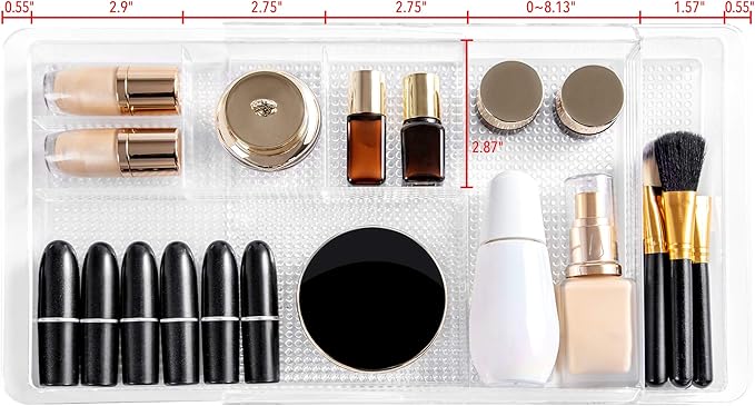 Oubonun Expandable Drawer Organizer 11.1” to 19.2” Width, Shallow Cosmetic Organizer 1.3” Height, 4 Packs, Clear Plastic Storage Trays for Dressing Table,Bathroom