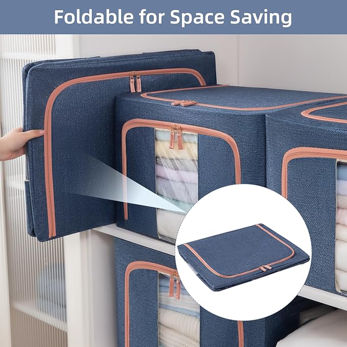 GuliPostan 100L Stackable Clothes Storage Bins with Metal Frame Handles & Zipper, Collapsible Closet Organizer Box with Lid for Bedding Blankets Towel
