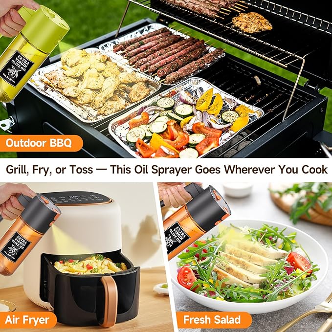 2-Pack Black and Green Oil Sprayer Set, Two 500ml 2-in-1 Glass Bottles for Multi-Oil Organization, Meal Prep, BBQ, Salad