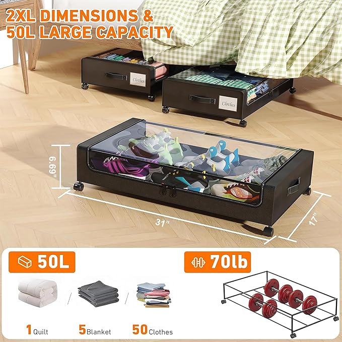 Under Bed Storage with Wheels, 4 Pack Under Bed Storage Containers with Dividers & Clear Lids, XXL 65L Under the bed storage Organizer Bins