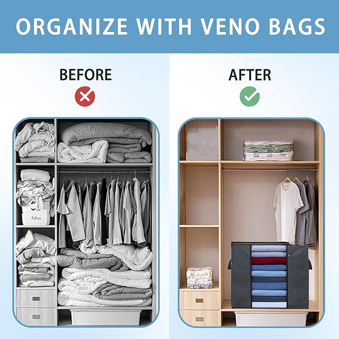VENO 3 Pack Clothes Storage Bag Organizer with Reinforced Handle Thick Fabric for Comforters, Blankets, Bedding, Foldable with Sturdy Zipper