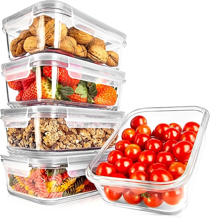 NutriChef 10 Piece Glass Food Storage Containers with Lids – 30 oz Meal Prep Containers Reusable – Airtight Glass Lunch Containers for Food Storage – Freezer to Oven Safe - Gray