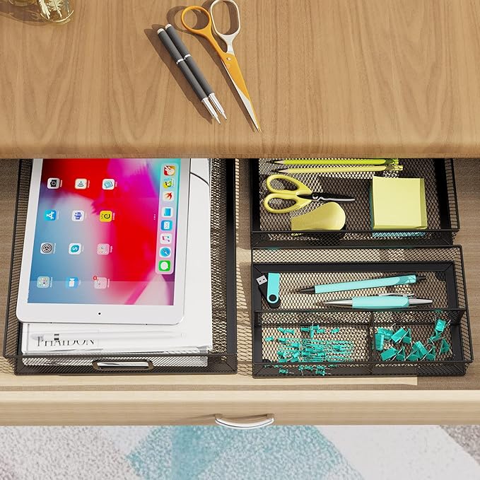 Desk Drawer Organizer Set, 3 Pcs Metal Mesh Office Drawer Organizers, Paper Organizer Letter Tray for Desk, Junk Drawer Organizer for Office, Kitchen, Makeup, Vanity