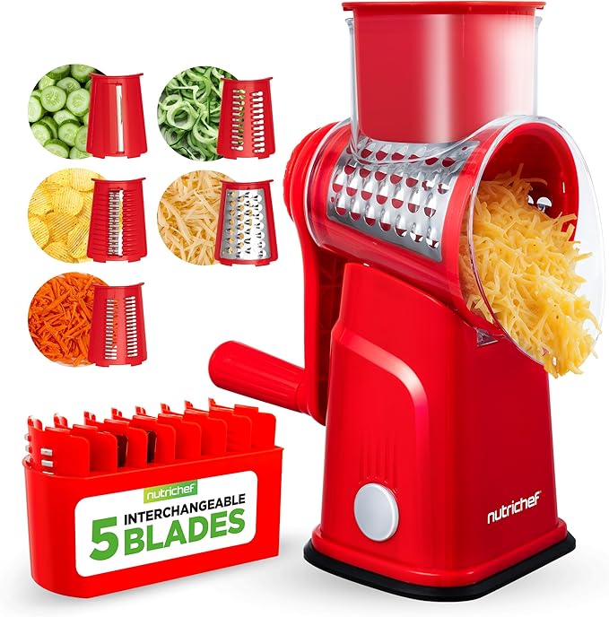 NutriChef 5 in 1 Cheese Grater & Shredder | 5 Different Blades for Thin, Thick, Julienne Strips, Wavy, & Straight Strips | Includes Hand Crank, Strong Suction Base & Storage Container | Red