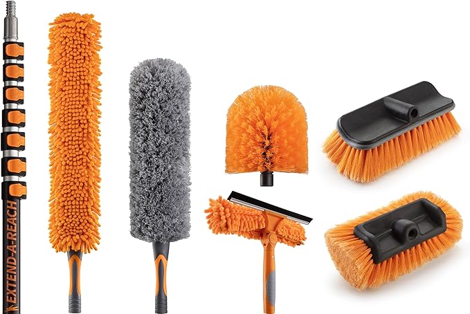 36 Foot High Reach Telescoping Duster Kit and Vinyl Siding Brushes with 5-30 ft Extension Pole // High Ceiling Cleaning and Window Washing kit