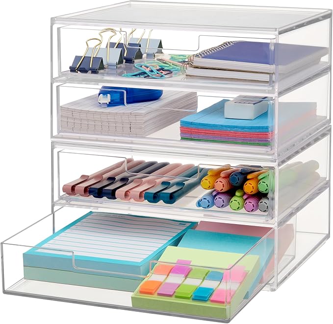 Chloe Space-Saving Clear Drawer Organizer (4 Wide Drawers) Sort Office, Kitchen
