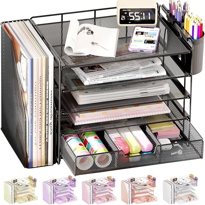 Desk Organizer, 5-Tier Paper File Organizer with Drawer & Pen Holder, Black