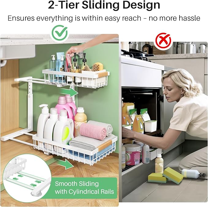 Kitstorack Under Sink Organizer, 2 Tier Under the Sink Storage, Slide out Pull out Cabinet Organizer Shelf