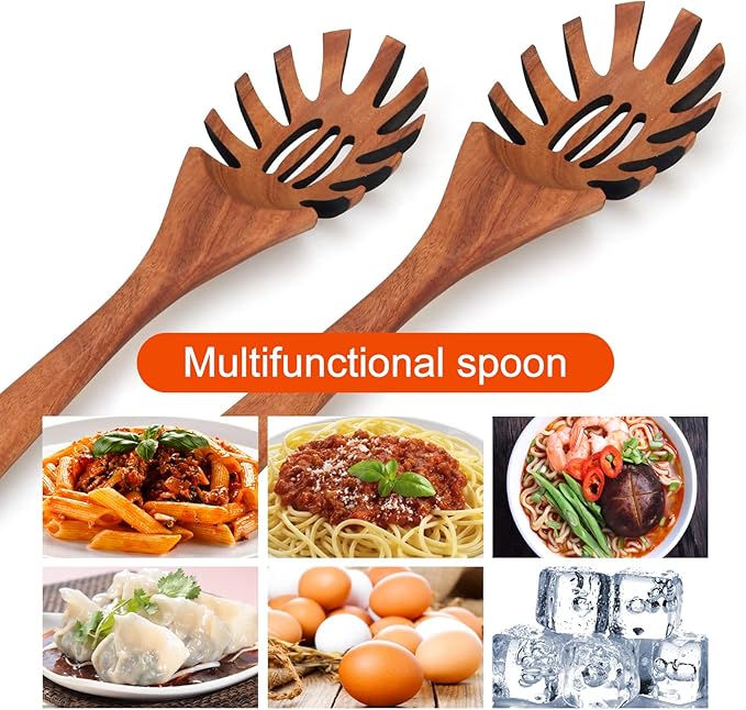 Wooden Pasta Spoon with Teeth Spaghetti Fork Tongs 12.5 Inch Pasta Forks Serving Utensils Acacia Wood Spaghetti Server Spoons Ladle Pastas Spatula Kitchen Tool Spaghettis Scoop Strainer Noodle Spoon