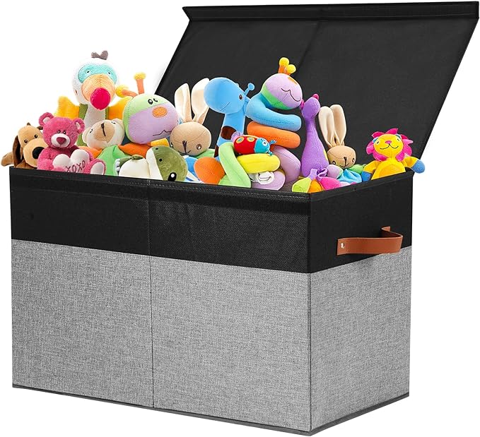 Gowee Large Toy Storage Box with Lid, Sturdy Toys Storage Chest Bin Organizer Basket with Dividers for Kids, Boys, Girls, Nursery, Closet, Bedroom, Playroom 25"x13" x16" (Black and Grey)
