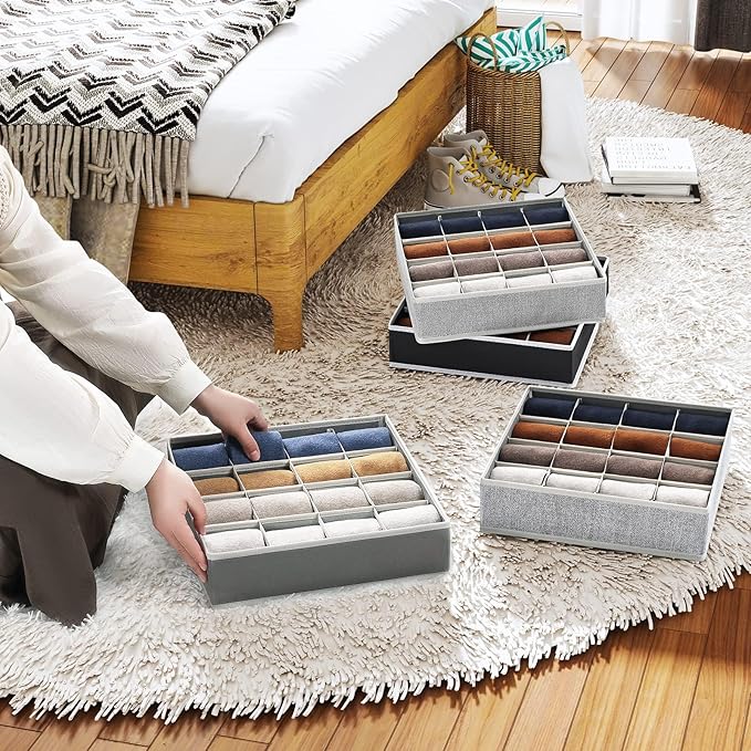 Joyoldelf Sock Drawer Organizer Divider Underwear Organizer 16-cell Fabric Dresser Drawer Organizers Storage Boxes for Socks Lingerie, Handkerchiefs, Ties 4 Pack (Blended-Grey)