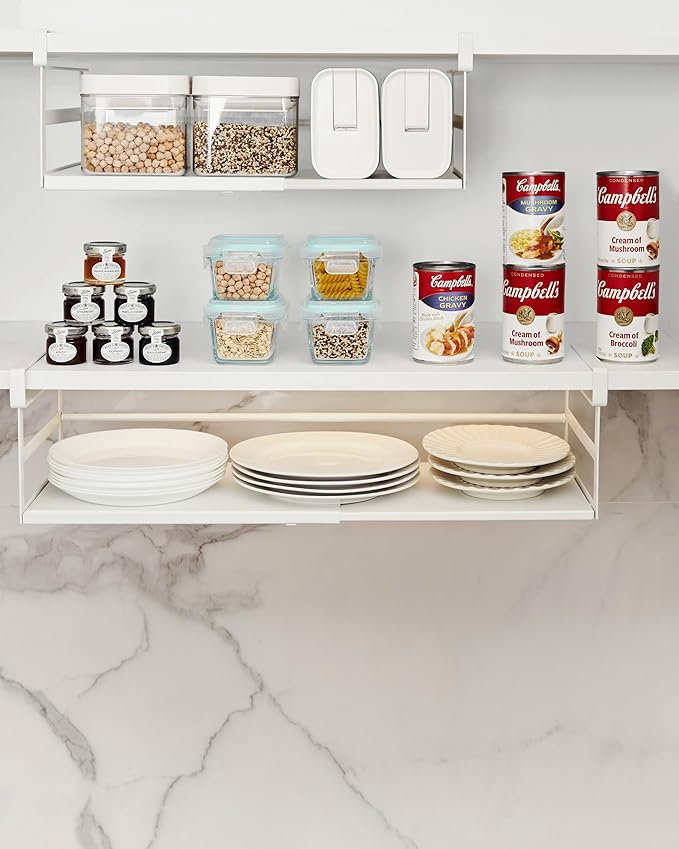 Under Shelf Storage Basket, 2 Pack Heavy-Duty Hanging Baskets Under Cabinet Shelf Organizer, Expandable Add-on Space Saver Kitchen, Pantry, Laundry Room, Slide-in White Shallow Depth & Wider Size