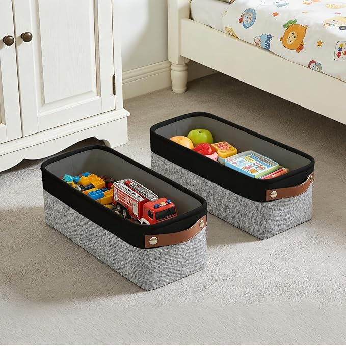 Bagnizer Small Fabric Storage Baskets, 15x6x5 inch Narrow Storage Bins 4-Pack Long Storage Basket for Organizing with Handles