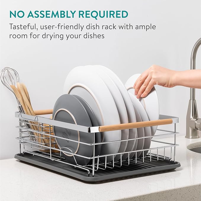 Navaris Dish Rack - Compact Drying Kitchen Board with Drip Tray & Cutlery Holder - Easy to Assemble and Clean Dishes - Sink Drainer Rack - Silver with Wooden Handles