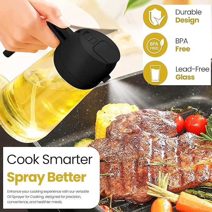 2 in 1 Oil Sprayer & Dispenser for Cooking | 16oz/470ml Glass Olive Oil Sprayer with Brush | Oil Spray Bottle with Pourer, Food-grade Oil Mister for Air Fryer, Salad, Frying, BBQ (Black)