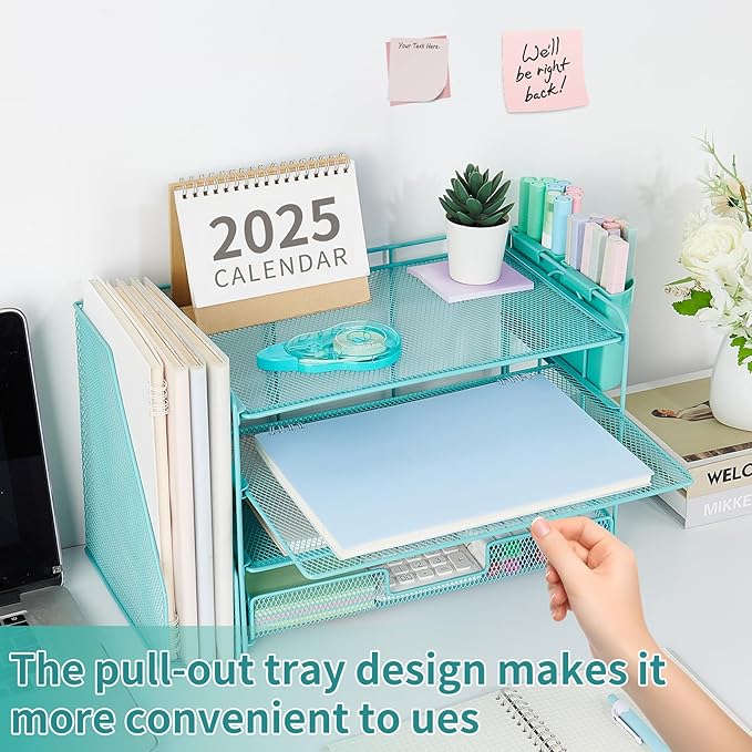 OPNICE Desk Organizer, 4-Tier Desktop File Organizer with Drawer and 2 Pen Holders, Office Desk Accessories, File Sorters