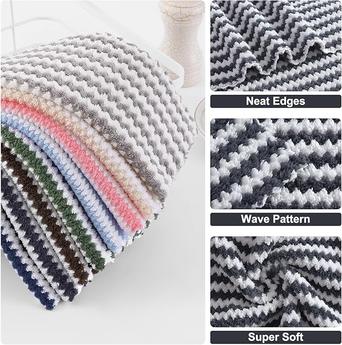 Homaxy 12 Pack Kitchen Dish Cloths, Ultra Soft and Absorbent Dish Towels, Reusable Fast Drying Microfiber Cleaning Cloth, Coral Velvet Wave Design No-lint, 7 x 9 inches, Dark Grey