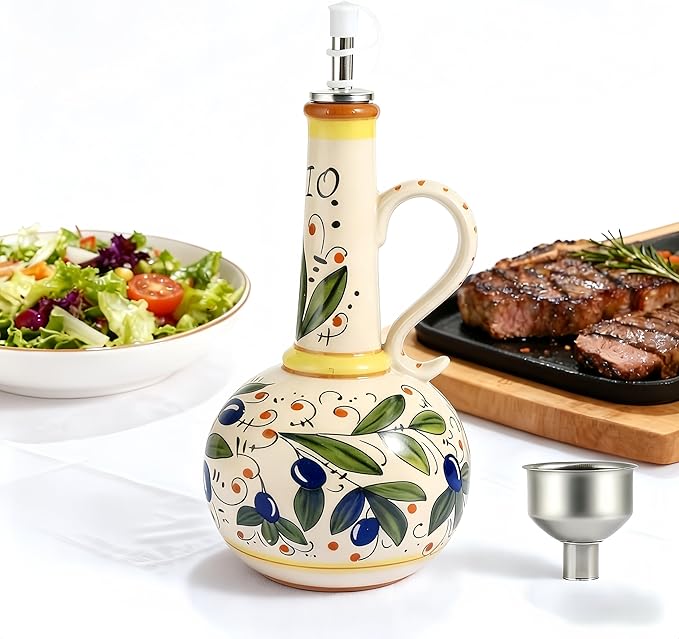 Ceramic Olive Oil Dispenser Bottle 23oz, Large Olive Oil Container for Kitchen, Oil & Vinegar Cruet with Stainless Steel Spout, Ceramic Oil Dispenser with Handle, Drip-Free Cooking Cruet