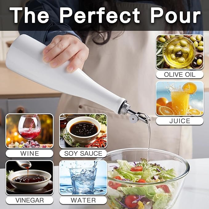 YOLIFE Olive Oil Dispenser Bottle, 16oz Ceramic Oil Dispenser for Kitchen, Oil Bottle with Gravity Spout, Leak Proof EVOO Dispensing Bottle with 2 Spouts and 1 Funnel for Vinegar, Juice(White)
