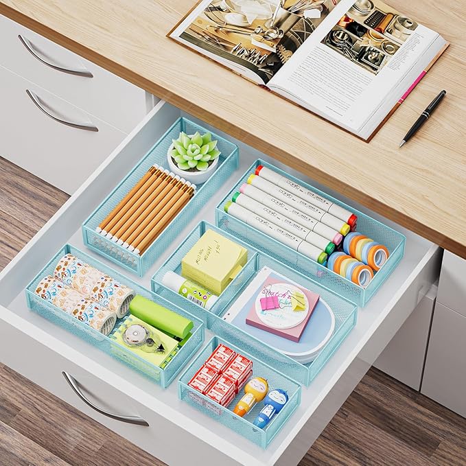 5 Pack Desk Drawer Organizer Set, Blue
