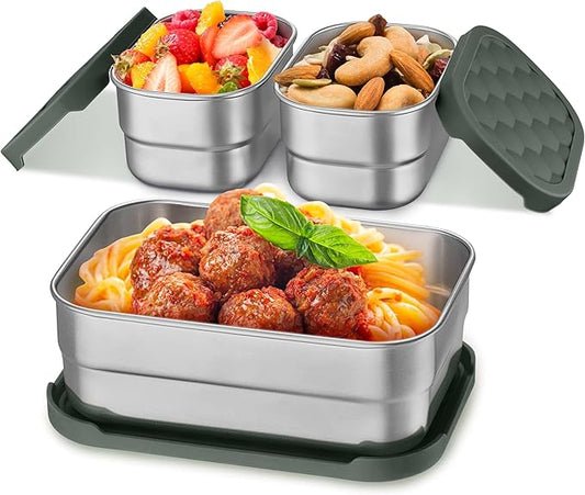 Homikit 3 Pack Kids Lunch Box Set, 18/10 Stainless Steel Bento Boxes with Silicone Lids Leak Proof