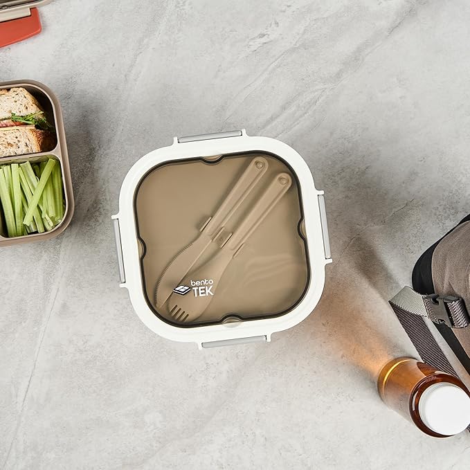 Restaurantware-Bento Tek 57.5 Ounce Bento Box, 1 Reusable Lunch Container - With Fork And Knife, Does Not Contain BPA, White And Gray Plastic Reusable Lunch Box, Microwavable, Dishwashable