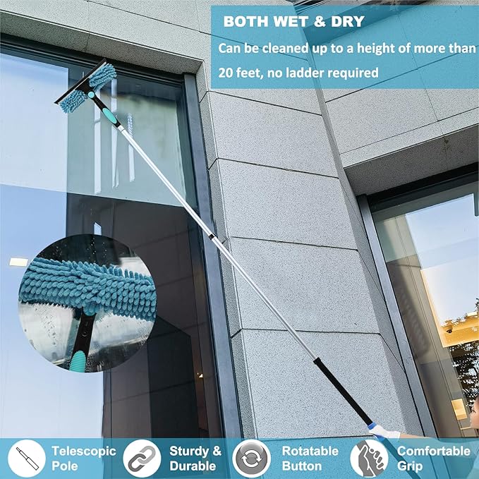 20 Ft+ Reach 2 In 1 Window Squeegee Duster with 5-to-12 Foot Extension Pole, Cleaner Tool with 3-Stage Telescoping Pole