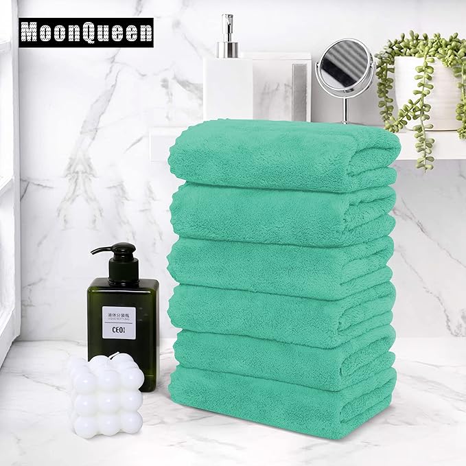 MOONQUEEN 6 Pack Premium Hand Towels - Quick Drying - Microfiber Coral Velvet Highly Absorbent Towels - Multipurpose Use as Hotel, Bathroom, Shower, Spa, Hand Towel 16 x 28 inches (Aqua Green)