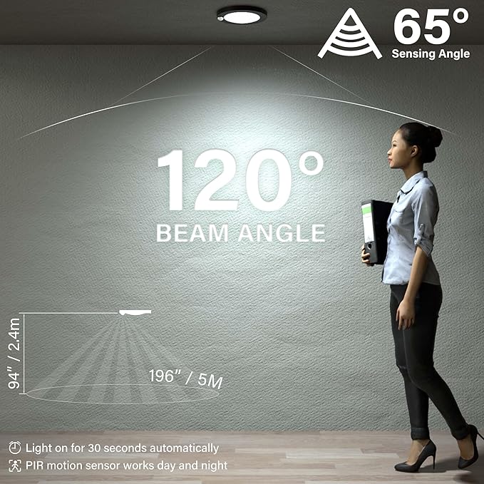 ZAGO LED 6" 120 Volts Closet Light Wired, PIR Motion Sensor Ceiling Disc Light, 15W, 1100 Lumens, CRI>80, 5CCT Daylight White for Closet, Laundry, Garage, Pantry, Wet Location, ETL, White, 2 Packs