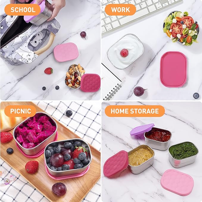 Tanjiae Small (1 CUP) Stainless Steel Snack Containers for Kids | Easy Open Leak Proof Food Containers with Silicone Lids