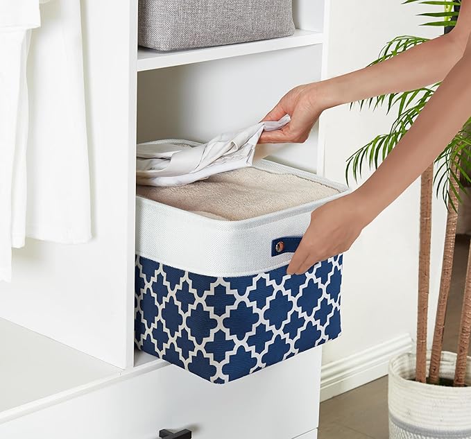 DECOMOMO Blue Storage Bins Fabric Storage Baskets for Shelves, Linen Closet Organization Toys Nursery (Blue Patterns, Large - 3 Pack)