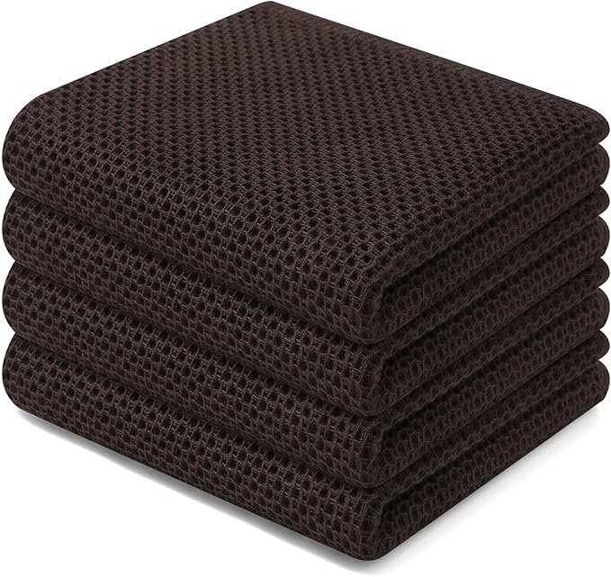 Homaxy 100% Cotton Waffle Weave Kitchen Dish Towels, Ultra Soft Absorbent Quick Drying Cleaning Towel, 13 x 28 Inches, 4-Pack, Dark Brown