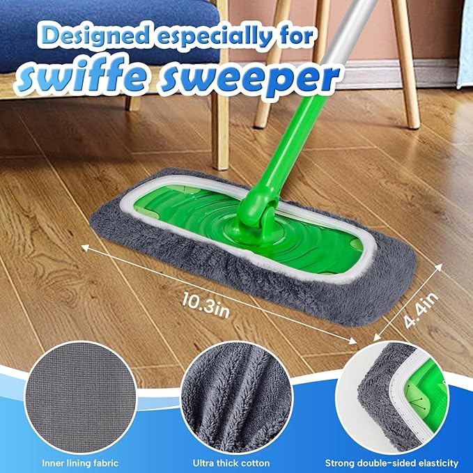 6 Pack Reusable Microfiber Mop Pads Compatible with Swiffer Sweeper Mop, Dry Sweeping Cloths & Wet Mopping Cloths, Washable Wet Pads Refill for Hardwood Surface Floor Cleaning