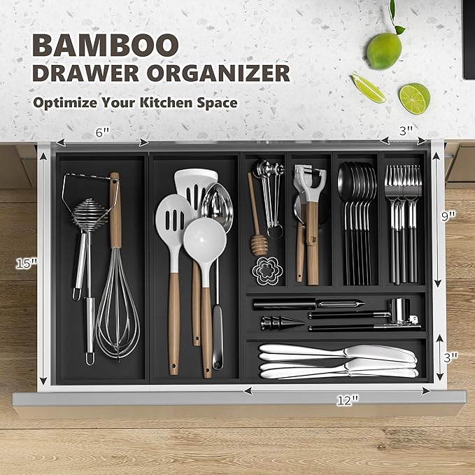 Kitchen Drawer Organizer Tray, Stackable Black Bamboo Drawer Organizer for Large Silverware, Utensils, Cutlery, Flatware, Junk, Dresser, Bathroom