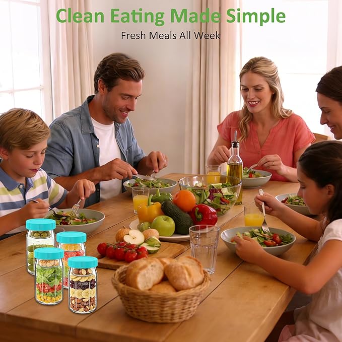 4Pack Glass Salad Jars with Lids, 32oz Salads Mason Jars with Wet/Dry Separation Cup, Meal Prep Salad Containers for Lunch