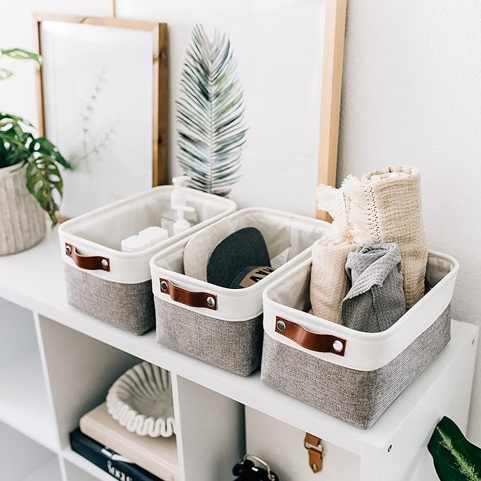 Small Fabric Storage Baskets 6 Pack, Gray/Off-White