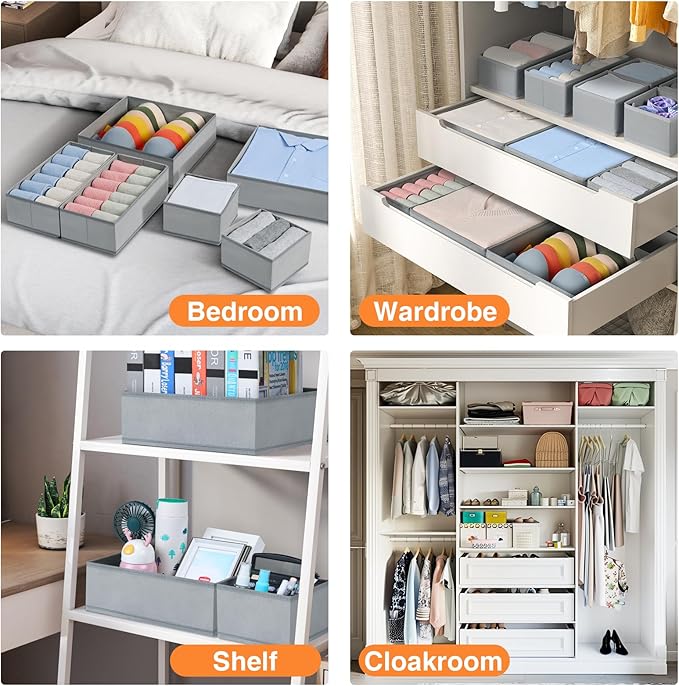 DIMJ Drawer Organizer Clothes, 15 Pack Underwear Organizer, Foldable Closet Bins, Sock Organizer Bra Cube, Fabric Dresser Box for Clothes, Bra, Socks, Tie (Grey)