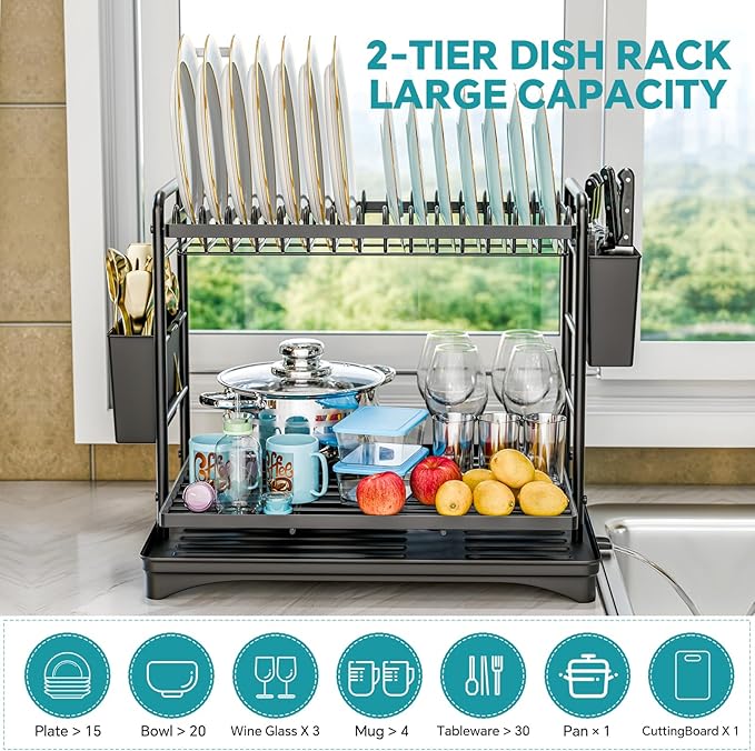 Simple Trending Dish Drying Rack, 2-Tier Dish Rack for Kitchen Counter, Large Dish Drainers Sink Organizers and Storage, Black