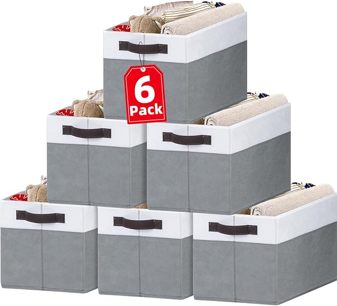 Closet Organizers and Storage Baskets, 6 Pack Shelf Organizer Bins with Handles