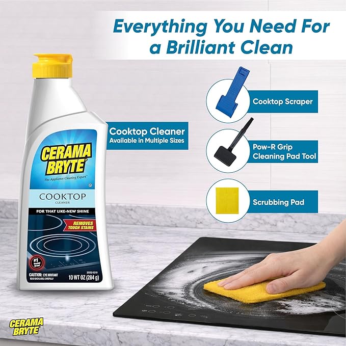 Cerama Bryte Glass Cooktop and Stove Top Cleaner Combo Kit - Includes Cleaning Tool, Razor, Scraper and 3 Pads to Remove Tough Stains - Use on Gas