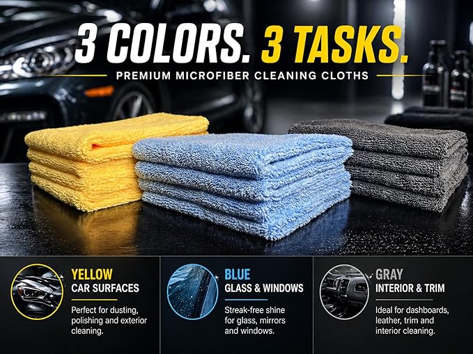 Premium Microfiber Towel for Cars 12 Pack, 400GSM, Quick-Dry, Scratch-Free, High and Low Pile Surface, Gray, Yellow, Blue,16 x 16 Inches, for Car Detailing and Household Use