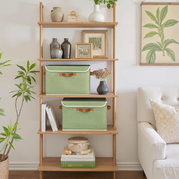 GRANNY SAYS Fabric Storage Bins with Lids, Decorative Storage Boxes with PU Handles, Keepsake Memory box, Shelf Baskets for Closet, Sage Green/White, Large, 2-Pack