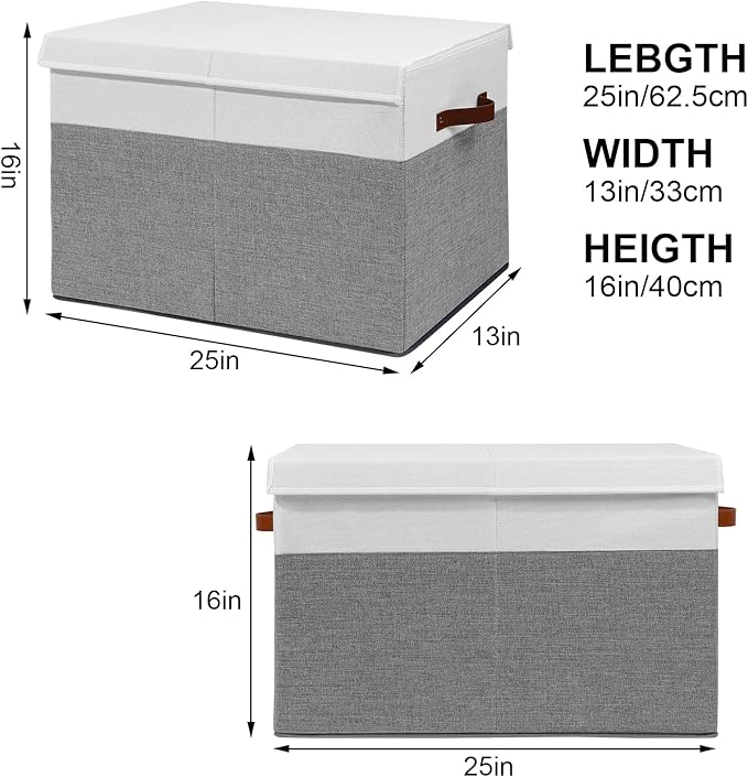 Gowee Large Toy Storage Box with Lid, Sturdy Toys Storage Chest Bin Organizer Basket with Dividers for Kids, Boys, Girls, Nursery, Closet, Bedroom, Playroom 25"x13" x16" (Grey and White)