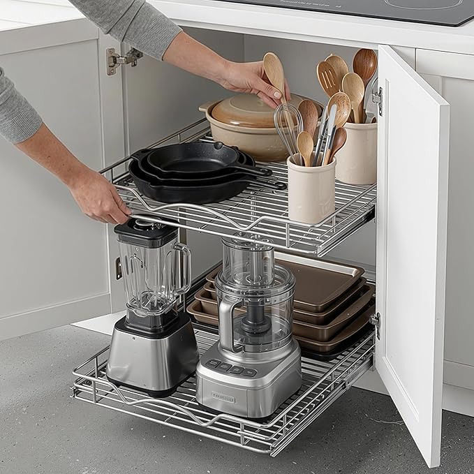 2-Tier Pull-Out Cabinet Organizer with Heavy-Duty Steel Frame, Full-Extension Sliding Shelves, Holds 100 lbs, Easy Install for Kitchen