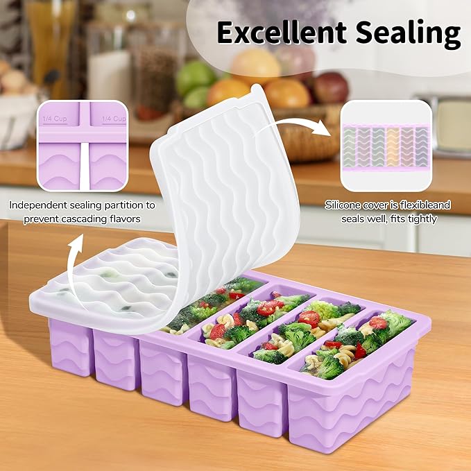 2-Pack Silicone Freezer Trays with Lid, 2 Large 2-Cup(500ml) & 6 Small 1/2-Cup(125ml) Soup Freezer Container Molds