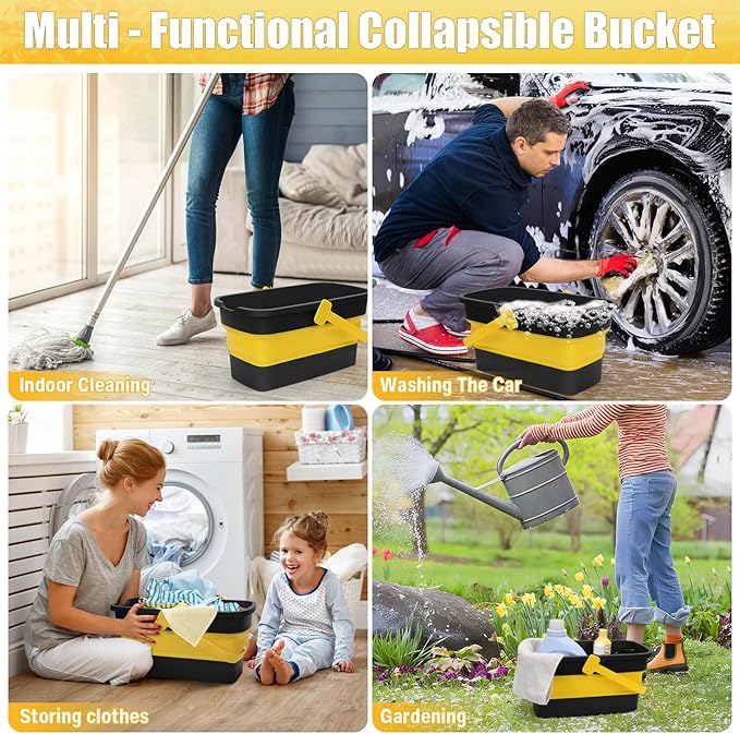 Collapsible Mop Bucket for Cleaning with Handle, Silicone Square Wash Bucket for Windows Cleaning Car Washing,Cleaning Supplies Organizer Plastic Water Bucket for Storage Household use, 3-Gallon