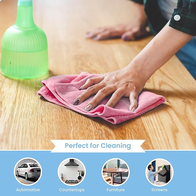 A&A Wiping Cloth- Microfiber Cleaning Towel, Super Absorbent Pink Microfiber Towels, Perfect for House, Cars, Windows, Gym and Office, Pink Microfiber 16x16 Towels, Pack of 12 Pieces