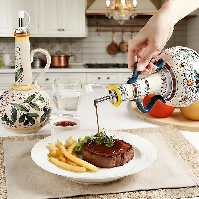 Ceramic Olive Oil Dispenser Bottle 23oz, Large Olive Oil Container for Kitchen, Oil & Vinegar Cruet with Stainless Steel Spout, Ceramic Oil Dispenser with Handle, Drip-Free Cooking Cruet (B)