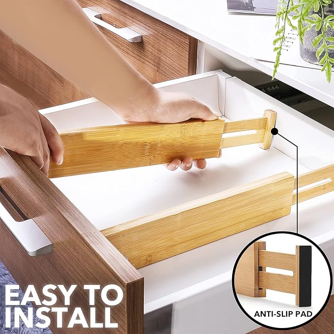 SpaceAid Bamboo Drawer Dividers with Labels, Kitchen Adjustable Drawer Organizers, Expandable Organization for Home, Office, Dressers and Bathroom, 6 Dividers (17-22 in)